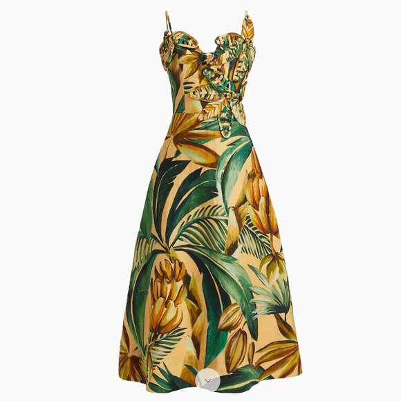 Farm Rio Bananart & 3D Applique Linen Midi Dress, Green/Yellow/Beige, NWT 🇧🇷